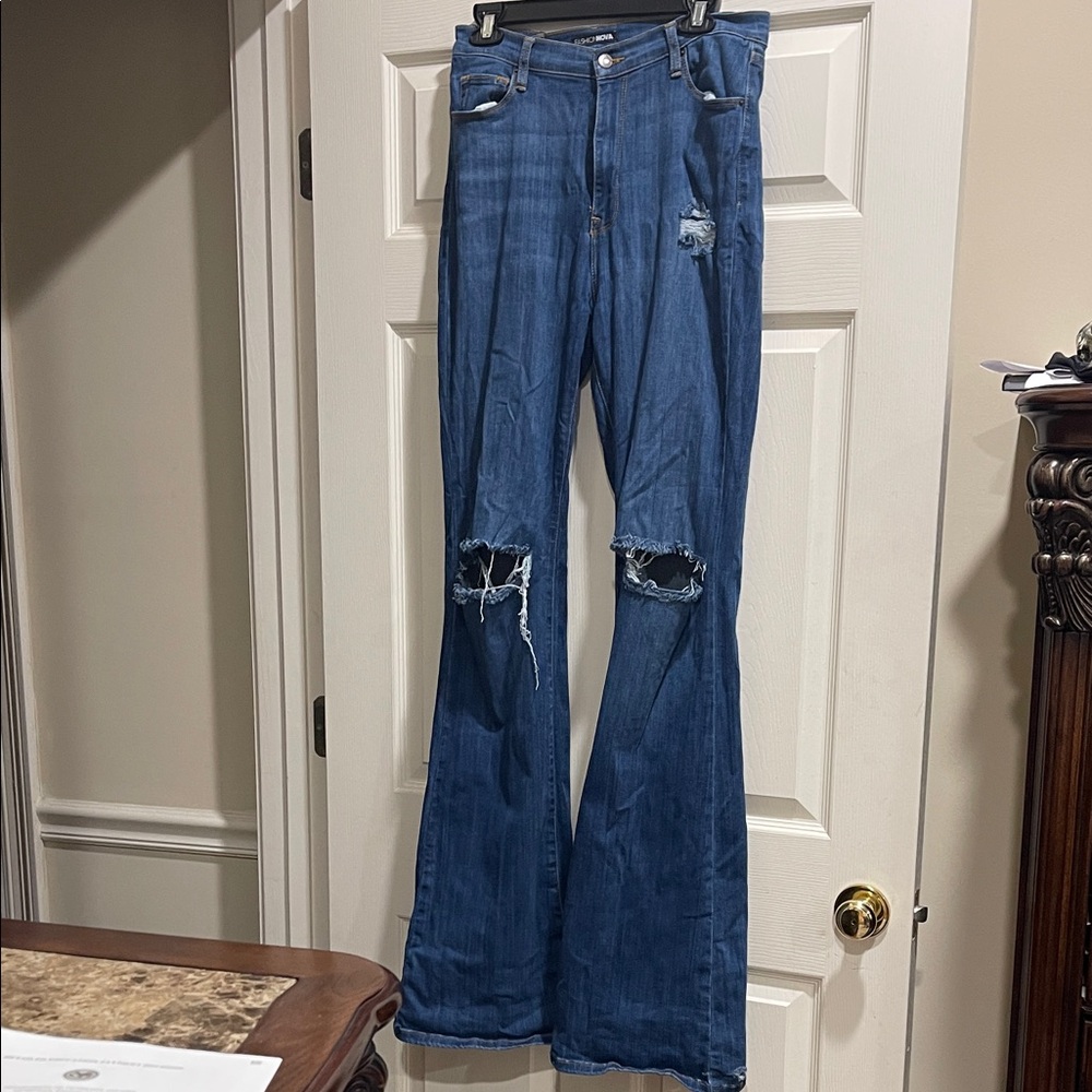 Fashion Nova Dark Blue Distressed Flare Jeans